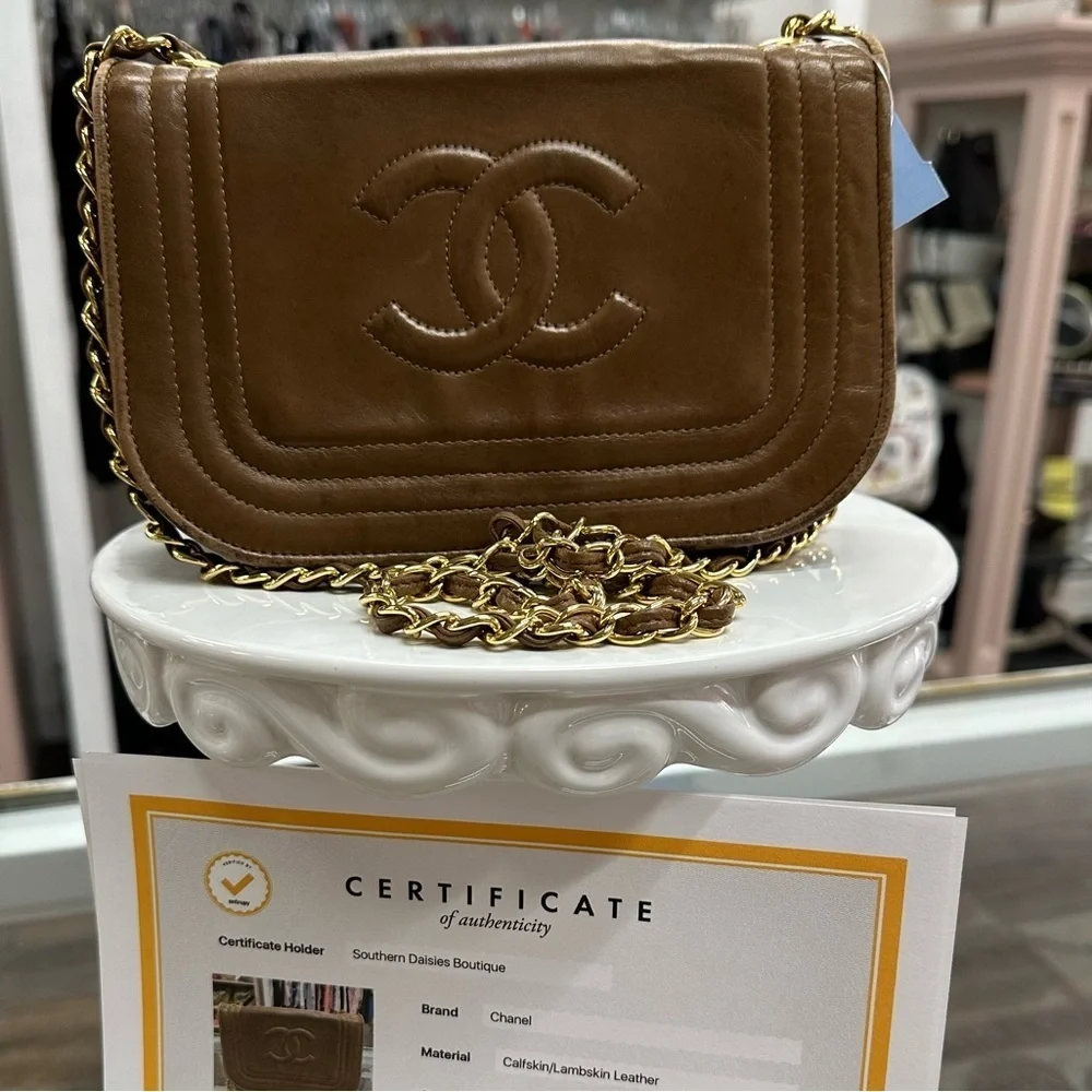 Chanel Brown Satin Vintage CC‎ Flap Bag crossbody leather purse